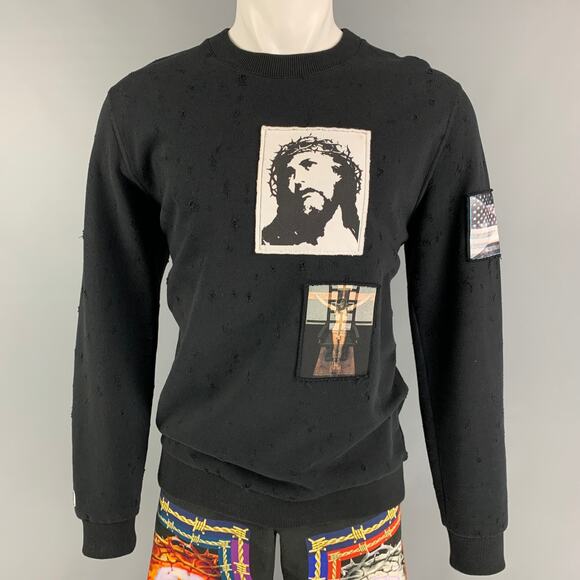 Size S/M Black Jesus Patchwork Cotton Oversized Sweatshirt Short Set - Picture 3 of 11